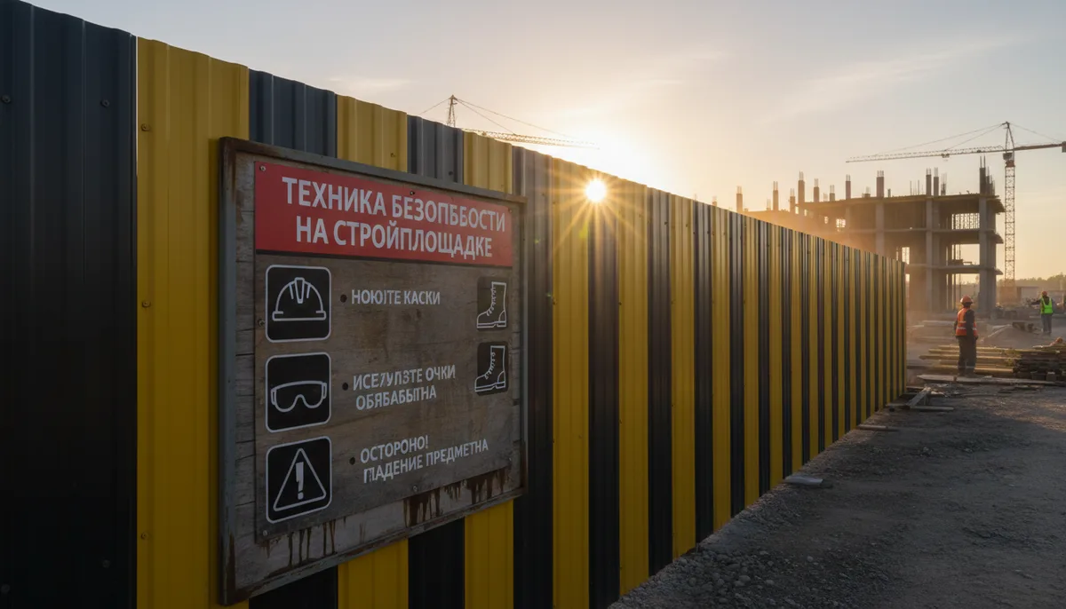 Строительная площадка, защитное ограждение, информационный щит по технике безопасности, утреннее солнце