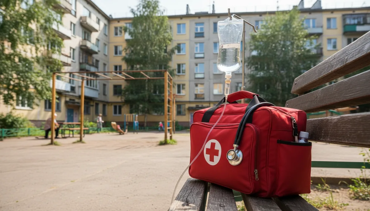 Медицинская сумка с капельницей, стетоскоп, жилой двор подмосковного города, дневной свет