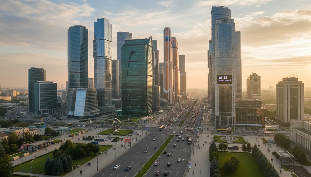 Деловой район подмосковного города, современные здания, утренний свет, проспект